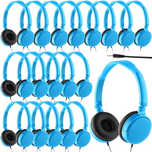 Image of Yunsailing 18 Pack Classroom Headphones Bulk, Wired Headphones,Blue | Student School Supplies, Individually Wrapped, Adjustable, over Ear Head Earbuds, for Laptop PC Computer