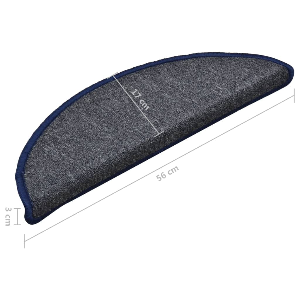 Lot de 15 tapis d'escalier - 56 x 17 x 3 cm - Gris foncé - Bleu - Semi-circulaires - Antidérapant - Lavable - Protection contre les marches et le bruit - Pour escaliers en bois, escaliers en