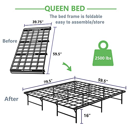 Ziyoo Queen Size Folding Bed Frames 16" High Metal Slats 2500 Pounds Support For Mattress, No Box Spring Needed, Quick Assembly, Noise Free-Black #TOP2