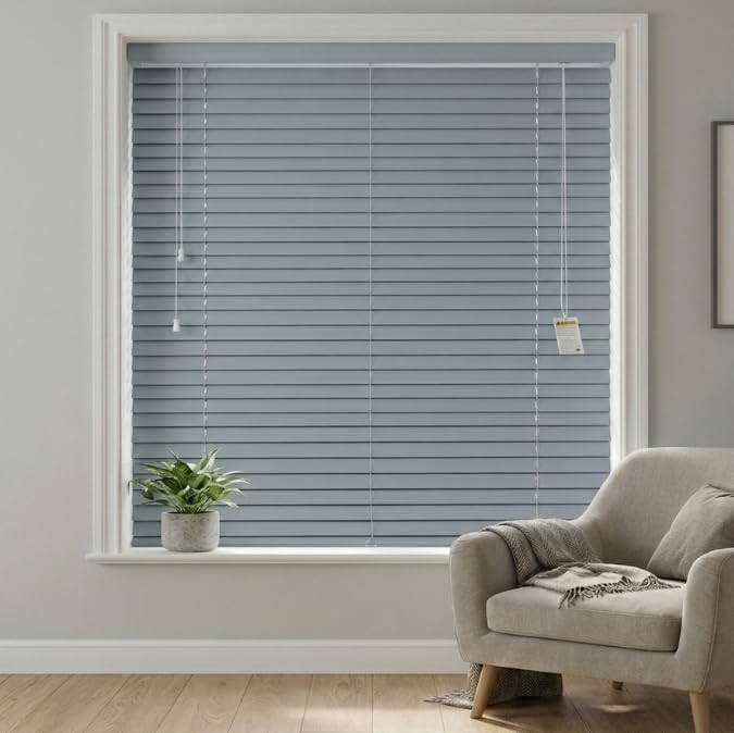 REHAN & CO Made to Measure Grey Faux Wood wooden Grain Venetian Blinds/Blind with Strings- Home Office Window Blinds - 50mm Slats 195W x 213H cm
