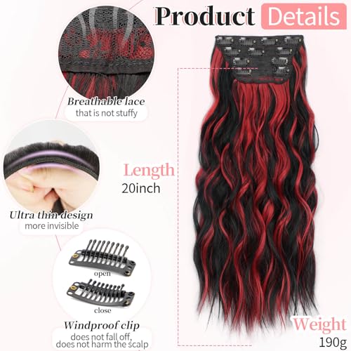 Image of KooKaStyle Wavy Thick Clip in Hair Extensions 20 inch Black Mix Red Highlights