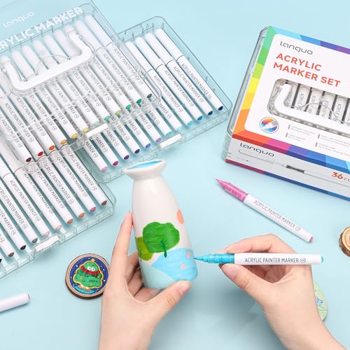 Image of languo 36 Colors Acrylic Paint Markers Pens Set, Soft Brush Tip Markers with Fast Drying & No-Bleed Ink, Acrylic Paint Pens for Rock, Wood, Egg, Ceramic, Fabric Painting, Art Supplies and DIY Crafts