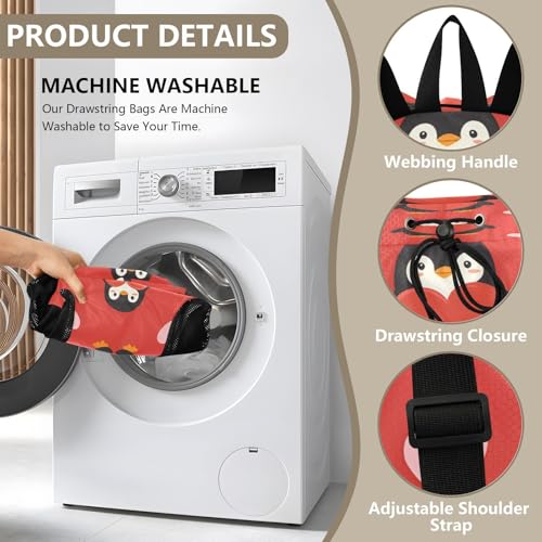 Mesh Gym Swimming Bags for Men & Women, Cute Penguins Hearts Pattern Large Drawstring Backpack with Dry-Wet Pocket, Lightweight Gym Bag for Sports, Travel, Beach, Workout Gear3