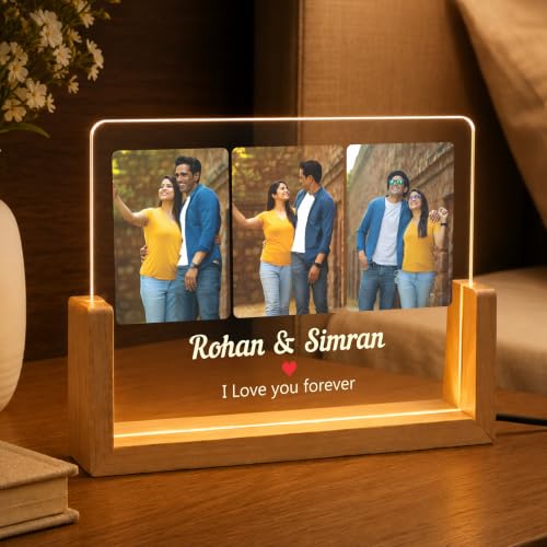 Image of Giftplease Personalized LED Acrylic Photo Frame with Custom Picture and Name, Romantic Couple Night Lamp, Wooden Base USB Table Decor, Anniversary Memory Display, Bedroom Home Accent Piece