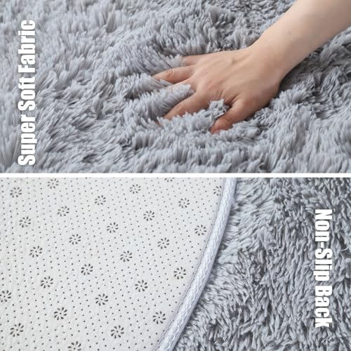 Soft Round Area Rug for Kids Bedroom, Fluffy Fuzzy Shaggy Rug 4'X4'for Living Room, Non Slip Circle Plush Rug for Girls Room Nursery Dorm Decor,Light Grey
