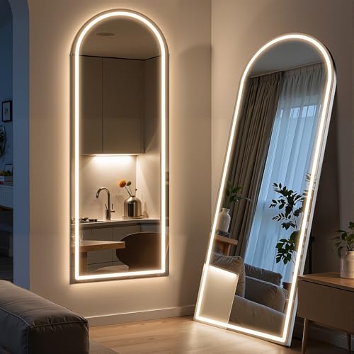 Arched Full Length Mirror with LED Lights, 60'x16' LED Floor Mirror with Stand, Body Floor Mirrors with Dimming & 3 Color Lighting, Wall Mounted LED Mirrors for Bedroom, Dressing Room, Cloakroom