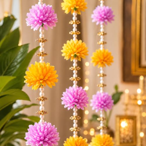 Image of Rajasthan Kraft Pack of 2, Artificial Multicolor Flower Wall Hanging for Home Decoration | 45 x 4 Inch Floral Hanging with Beads | Decorative Wall Hanging for Diwali, Wedding, Mandir & Festive Decor