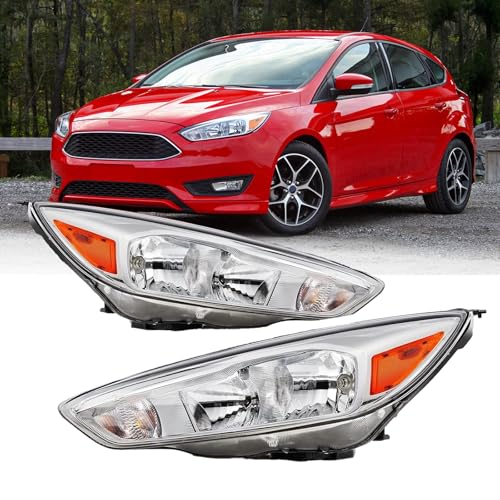 XuChenKJ Headlights Assembly Compatible with 2015 2016 2017 2018 Ford Focus S SE ST Halogen Head lights Headlamp Factory OE Style (Chrome Housing)