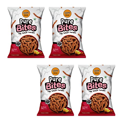 Image of Grami Superfoods Pure Bites Ragi Butter Murukku / Chakli - Pack of 4 (500g) | Healthy Indian Snacks | Millet Snacks | No Maida | No Preservative | High Protein & Fiber Snack | Low GI | Healthy Namkeen for Kids & Adults |Weight Loss Namkeen |Sugar Free | Diabetic Friendly Namkeen