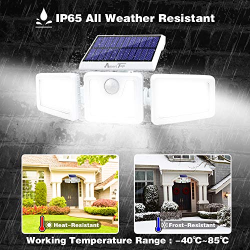 Solar Lights Outdoor -2 Pack, AmeriTop 800LM Wireless 128 LED Solar Motion Sensor Lights Outdoor; 3 Adjustable Heads, 270° Wide Angle Illumination, IP65 Waterproof, Security LED Flood Light - White