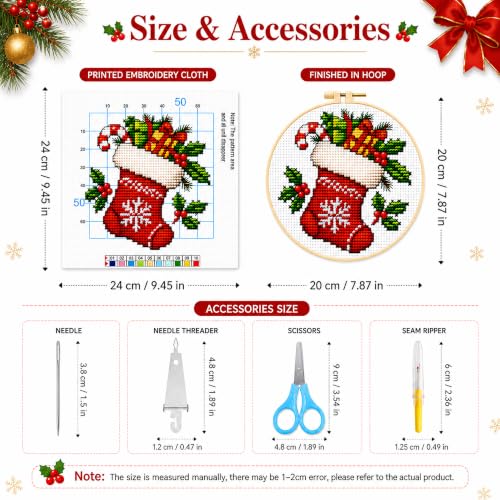 Image of Zhenqing 4 Christmas Cross Stitch Kit, 11CT Printed Fabric, Hoop & Tools | 4 Christmas designs with 11CT printed fabric, extra floss, one hoop, tools and English guides for beginners.