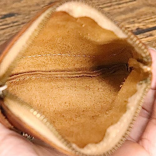 Brown Vintage Leather Coin Purse, Unisex-Adult, Oval, Zipper Closure, External Card Slot, 4.52 x 3.15 x 0.39 inches3