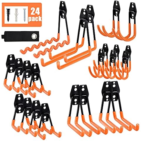 AOBEN Garage Hooks,24Pack Heavy Duty Garage Hanger Organizer Anti-Slip Double Wall Garage Storage Hooks for Ladder, Power Tool,Bike,Ropes (23 Hooks & 1 hoder Strap)-Orange Cover