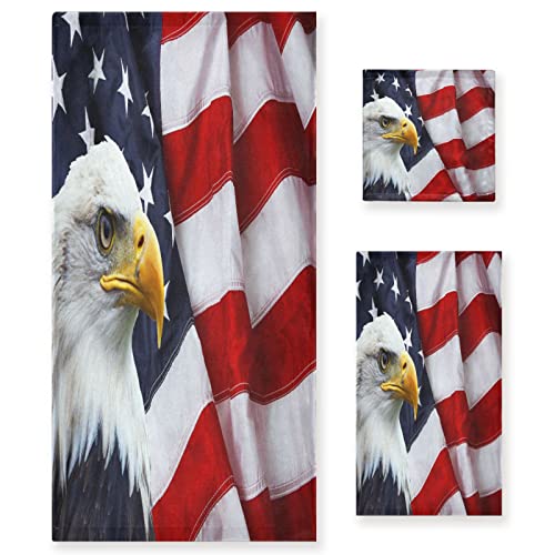 Quteprint Juego de 3 toallas de baño con diseño de pájaro águila y bandera estadounidense, toallas absorbentes, 1 toalla de baño + 1 toalla de mano + 1 toallita, juego de 3 toallas multiusos súper