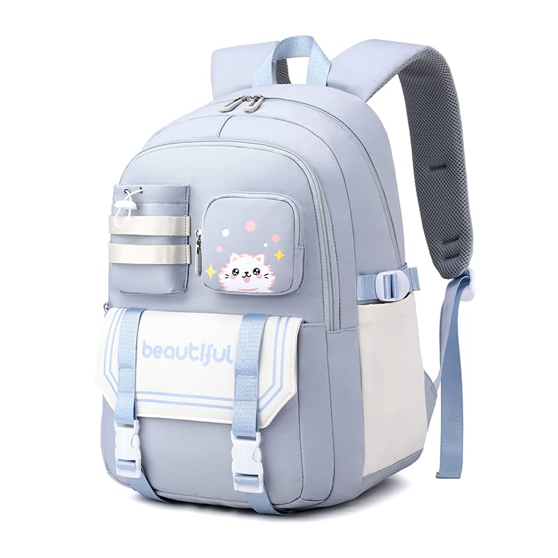 Mochila para Mulheres e Estudantes, Resistente à Água com Estampa de Gato Fofa, Cabe Notebook de 15,6 Polegadas, da Série Jovem e Alegre (Azul)