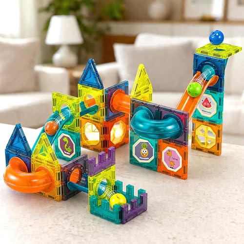 Image of VGRASSP 49 Pcs Magnetic Building Blocks Marble Run Track Set Toy for Kids with LED Lights - Educational STEM Construction Toy Kit with Strong Magnets - Color As Per Stock