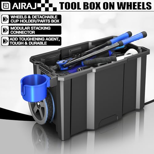 Image of Rolling Tool Box With Wheels | 3 Tier Portable Stackable Tool Box Set | Garage Storage Tool Organizer | Tray Toolbox | with Removable Cup Holder | 20 inch Wx12 inch Dx35 inch H