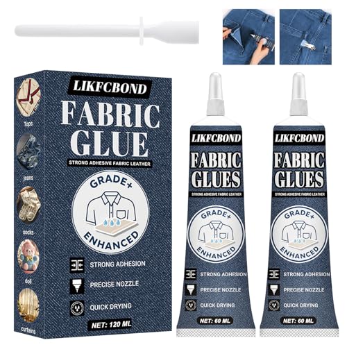 LIFKCBOND Cola para Telas, Extra Fuerte Adhesivo Textil, Pegamento Textil Lavable a Máquina, Transparente Fabric Glue para Todos Los Tejidos, Algodón, Denim, Poliéster, Cuero (60ml*2)