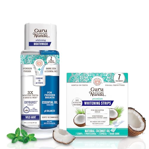 GuruNanda Whitening Wonder Duo, Dual Barrel Oxyburst Whitening Mouthwash 20 Oz & Teeth Whitening Strips with No Slip, Dry Strip Tech, 7 Day Treatments