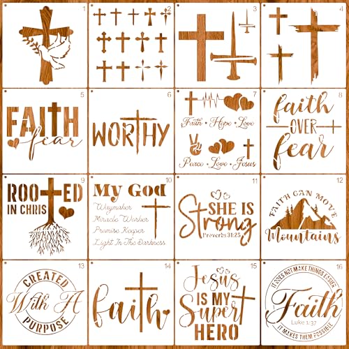 16 Pieces Christian Stencils for Crafts 6" Reusable Bible Verse Cross Faith Stencils for Painting on Wood Sign Canvas Fabric DIY Office Home Decoration