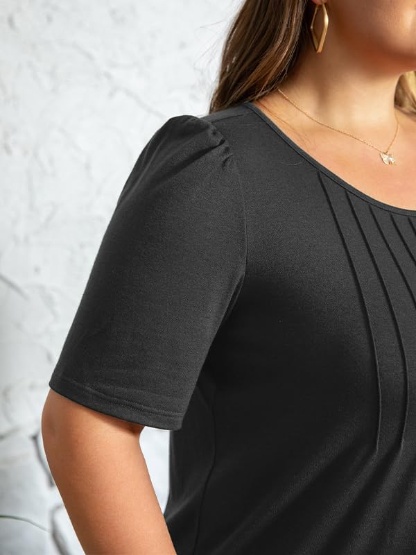 CARRROTMOB Plus Size Womens Summer Tops Puff Short Sleeve Crew Neck Pleated T Shirts Loose Dressy Casual Blouses - Image 4