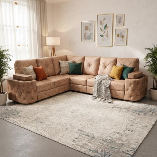 Image of APRODZ Solid Wood L Shaped Sofa for Living Room Modern Corner Sectional 6 Seater Comfortable Couch with Durable Frame & Premium Upholstery 6 Seater for Home, Apartment & Lounge (Beige)