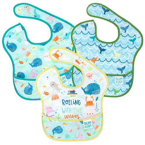 Image of Bumkins Bibs for Girl or Boy, SuperBib Baby and Toddler 6-24 Months, Essential Must Have for Eating, Feeding, Baby Led Weaning Supplies, Mess Saving Catch Food, Waterproof Fabric 3-pk Blue Ocean Life