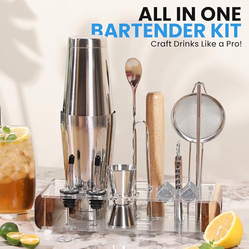 Image of Mixology Bartender Kit with Stand - 15 Piece Bar Tool Set, Silver Bar Set Cocktail Shaker Set for Drink Mixing - includes Martini Shaker, Jigger, Strainer, Bar Mixer Spoon, Tongs, Opener | Gift Idea