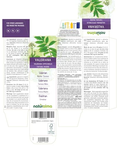 Baldrian (Valeriana officinalis) Wurzeln Alkoholfreier Urtinktur Naturalma - Flüssig-Extrakt Tropfen 60 ml - Nahrungsergänzungsmittel - Veganer
