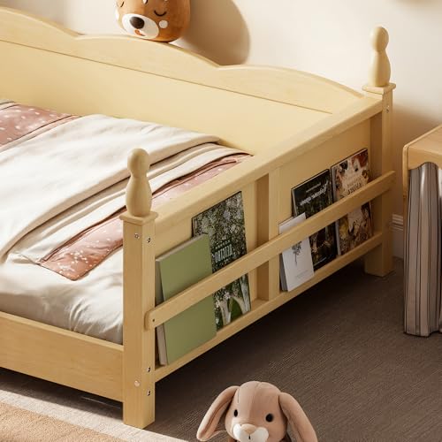 Image of Bellemave Twin Size Montessori Floor Bed Frame with High Fence, Solid Wood Kids Floor Bed with Bookshelf, Low Profile Bed for Boys & Girls, Childlike Design,Natural