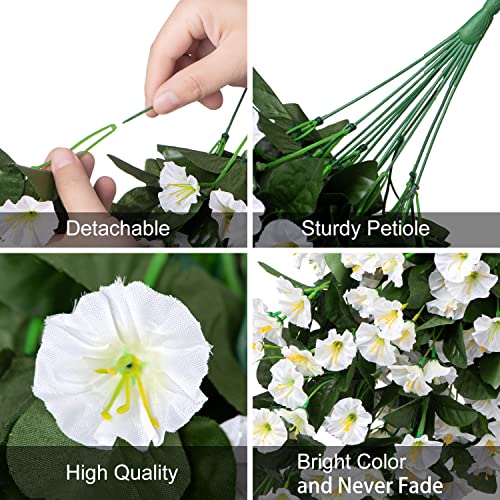 HyeFlora Artificial Fake Hanging Flowers Plants Vines for Outdoor Summer Decoration, 2PCS Faux Silk White Morning Glory Look Real UV Resistant for Home Outside Planter Porch Patio - Thumbnail 3