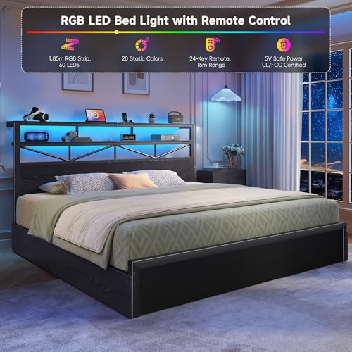 Image of Homkdom King Size Bed Frame with Large 4 Drawers, 2-Tier Shelf, LED Light and Charging Station, Heavy Duty Platform Bed with 880 lbs Capacity, Easy Assembly, Black
