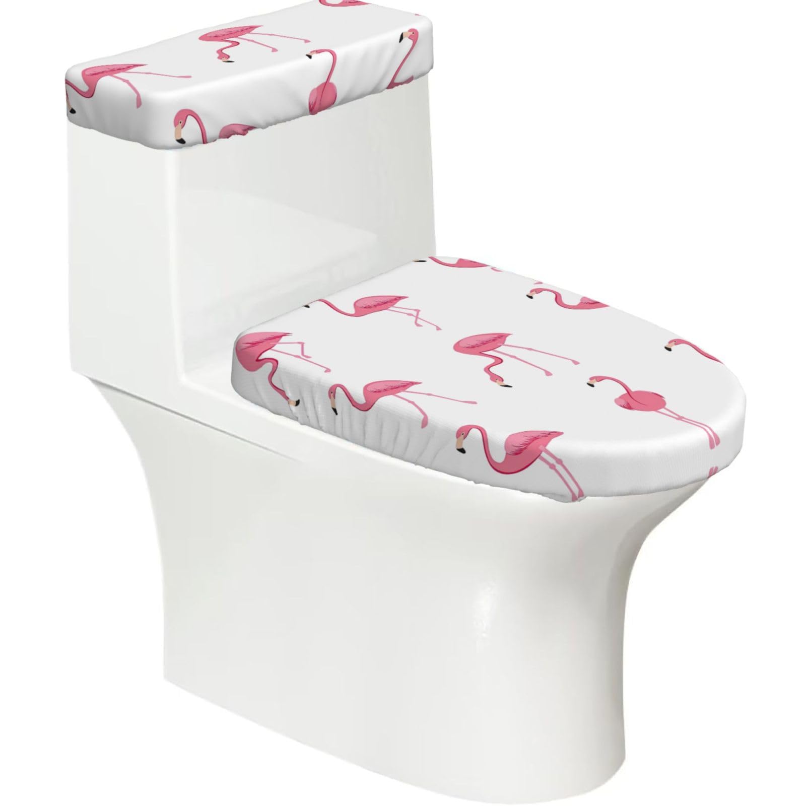Flamingos on White Printed Toilet Tank and Lid Cover Set of 2 for Most Bathrooms, Fits Elongated Round Toilets