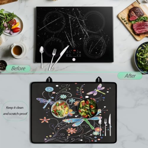 Image of Glass Ceramic Top Stove Cover Heat Resistant Flat Top Stove Cover Mat Induction Cooktop Protector Mat with Non-Slip Rubber Backing, 29 x 21 Inch, Dragonfly Floral Black
