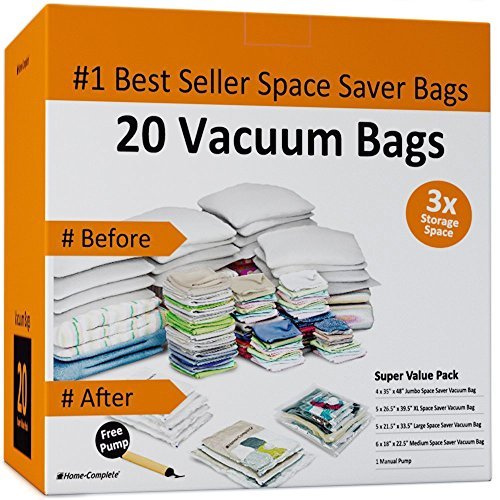 20 Vacuum Sealer Bags – Compression Bags for Travel, Clothes, and Blanket Storage – Airtight Space Saver Pouches in 4 Sizes and Pump by Home-Complete