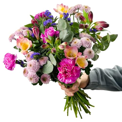 Blumenstrauß „Farbenfreude“ – Chrysanthemen, Nelken, Inkalilien & Freesien mit lila Strandflieder | 7 Tage frisch | Buntes Geschenk | Schneller Blumenversand