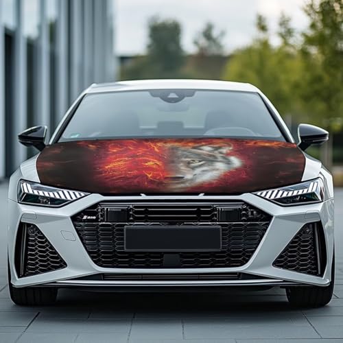 Image of Red Flame Wolf Universal Car Hood Cover Waterproof All Weather, Car Hood Cover Protector for Automobiles Outdoor Indoor for All Season Waterproof Dustproof