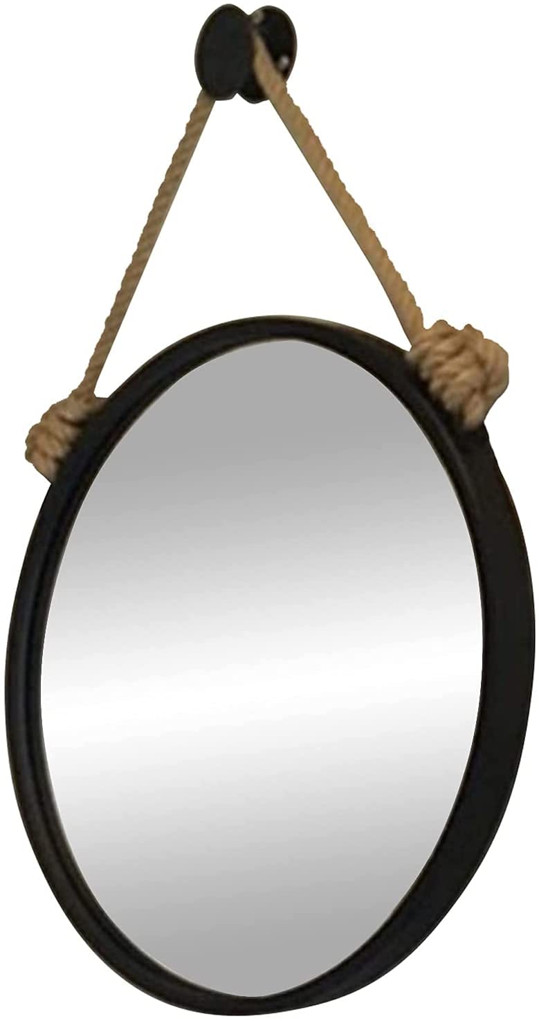 TYUHDUYUR Contemporary Round Makeup Vanity Mirrors with Hainging Hemp Rope Hanging Strap Black Metal Framed Bathroom Large Mirror Home Decor Fashion / 70cm