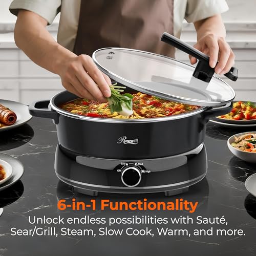 Image of Rosewill 12.7 QT Electric Hot Pot Slow Cooker with Multiple Functions, Split Design with 11.8 inch Wider Cooking Pot and SUS Steam Basket, 1600W High Power, Includes Utensils - Black