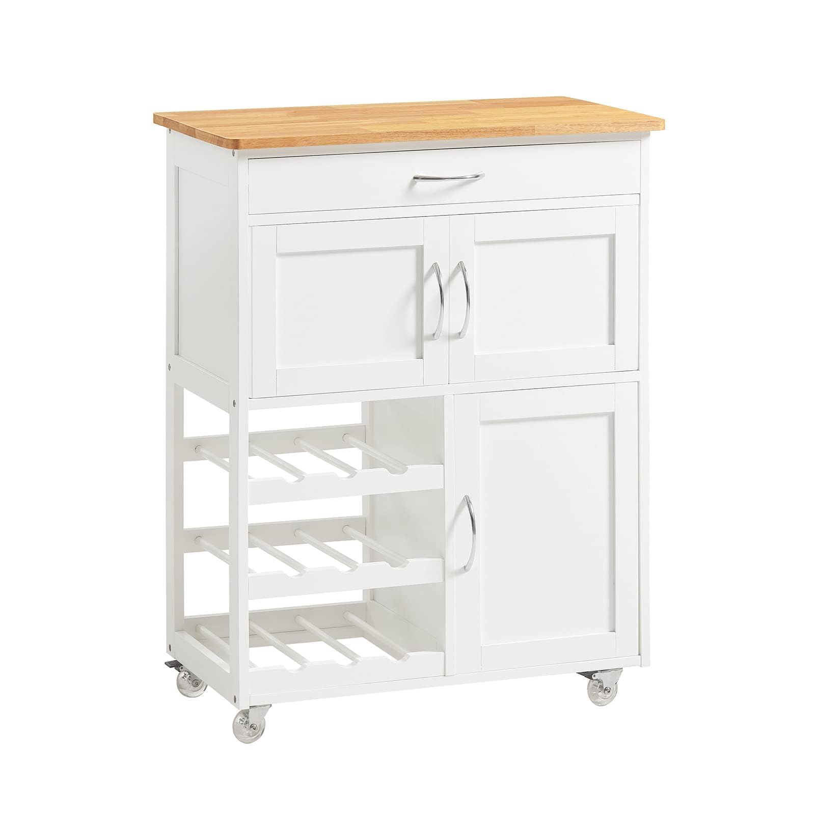 SoBuy Carrito Auxiliar de Cocina con Ruedas Mueble Cocina Auxiliar con Cajón, Botellero y Estantes Carro Cocina Multifuncional como Mesa Auxiliar para Estantería Comedor Exteriores Blanco FKW45-WN