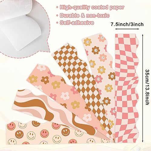 Image of Whaline 82 Ft Retro Groovy 70s Bulletin Board Borders Boho Flower Face Checkered Trim Border Chocolate Color Floral Bulletin Board Stickers for Back to School Classroom Office
