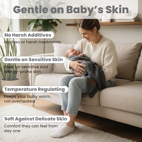 Image of 100% Organic Cotton GOTS Certified Baby Knitted Blanket with Gift Box - Soft Toddler, Crib, Stroller Blanket - Neutral Swaddle and Receiving Blanket for Newborns, 30 inchx40 inch, Dark Grey
