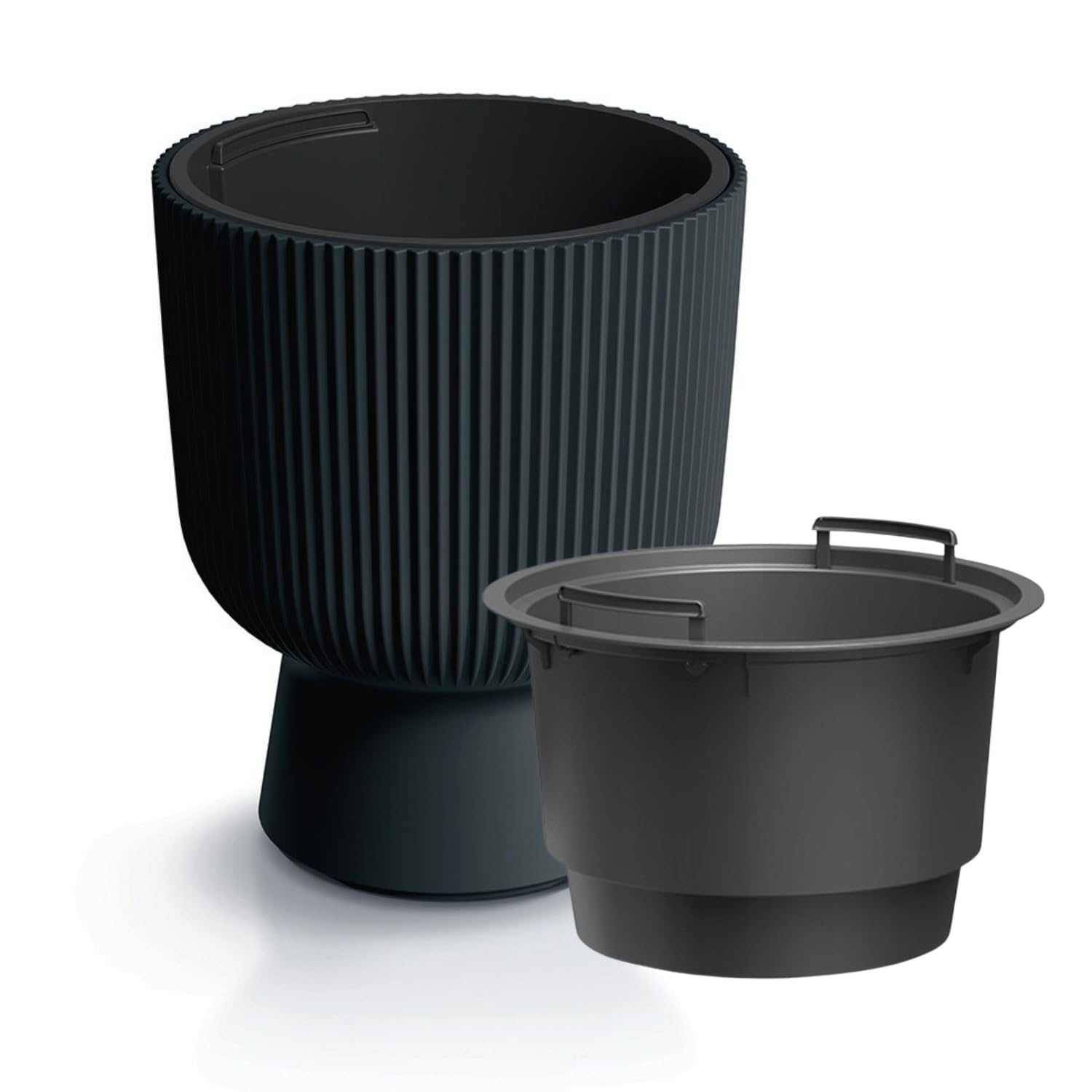 B2C Plant Pots Flower Planter 7 Colours 3 sizes Tall with insert Wavy Plastic Pot Boho Elegant Textured Cylindrical with base indoor/outdoor Modern (Anthracite, 24cm - 8.5L)