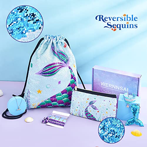Wernnsai Mermaid Drawstring Pack - Blue Sequins Mermaid Gift For Girls Drawstring Backpack Cosmetic Swimming Pencil Zipper Bag Bracelet Necklace Hair Ties Key-Chain With Packing Box #TOP1