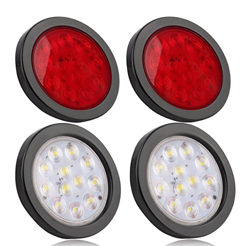 4PCS 4inch Round Stop Tail Turn Signal Backup Fog Reverse Brake Marker Lights 12 LED Grommet 3-Prong wire Plug for Truck Trailer RV Boat Bus Waterproof