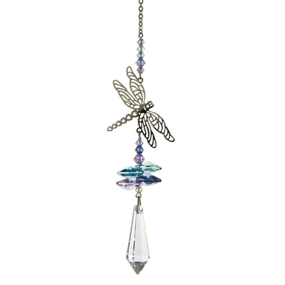 Wild Things Blue Crystal Fantasy Hanging Suncatcher - Rainbow Maker And 38Mm Icicle Shape Crystal - Metal Dragonfly Ornament - Embellished With And
