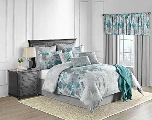 Lanwood Home Claire Cotton 10-Piece Comforter Set, Includes Comforter, Bed Skirt, 2 Standard Shams, 2 Euro Shams, 3 Throw Pillows & Throw Blanket, Teal Floral, Full