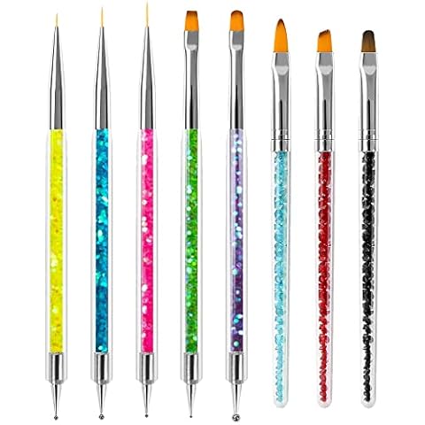 Sularpek 8PCS Function Nail Brush, Nail Liner Brush, Double Ended Nail Art Pen Brushes With Glitter Handle, For DIY Nail Art Designs Dot Pen Tools for Women Girls Cover