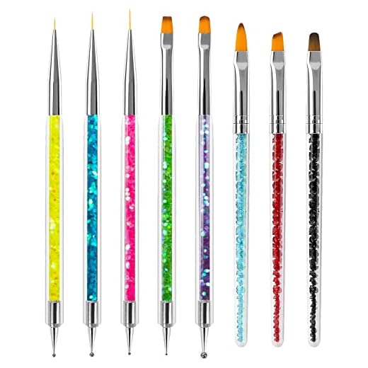 Sularpek Pincel Acrilico Uñas,8 Piezas Cepillo Pintura Punteado de Gel, Plumas de Arte de Uñas con Mango de Brillo, Herramientas de Doble Punta de Uñas para Puntear, Dibujo, Decoración de DIY Nail Art