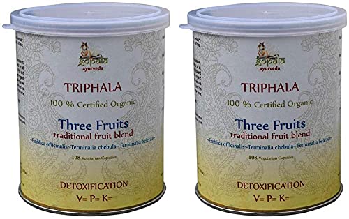 TRIPHALA Capsules (USDA Certified Organic) Ayurvedic Herbs Amalaki (Emblica Officinalis) Haritaki (Terminalia Chebula) Bibhitaki (Terminalia Belerica) - 108 Vcaps of 500mg Each (Pack of 2)